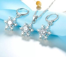 Sterling Silver 925 Snowflake Pendant Earrings Necklace Set Christmas Gift Women