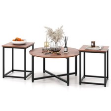 3PCS Modern Coffee Table Set Round Coffee Table & 2PCS Square End Tables Walnet