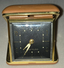 1970's light Tan cased  Travel Alarm Clock Wind Up Folding Westclox