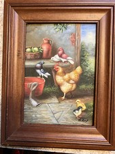 Framed Chicken and Pigeon Oil on Cardboard by G. Roy