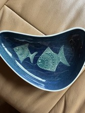 Blue Kidney Shaped Trinket Pin Dish - Fish Pattern Studio Pottery Vintage Retro