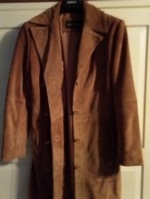 TRENCH Tan Ladies Classic Knee-Length Designer Real Suede Leather Coat Size 12