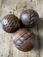Set Of 3 Wooden Carved Balls