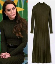 Ex Con Mango Perkins Dress XL Uk 14 Us 10 Khaki Green Ribbed Knit Kate Middleton