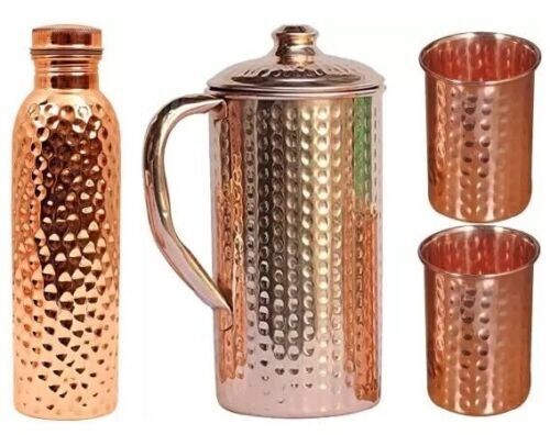 Pure copper hammered jug - copper, glass