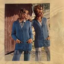 Bellmans knitting pattern 1357. DK sweater & waistcoat, Aran stitches 32-42"