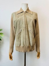Vintage 70s Beige Ribbed Knit Suede Bomber Jacket 12