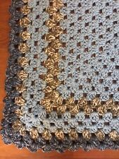 Handmade Pram Blanket Blue Knitted Crochet Baby Cot Cover 35" x 35"