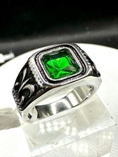 Mens Emerald Green Ring Silver Fleur de lis  Pinky Stainless Steel Bezel