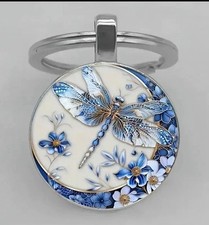 Beautiful Blue Dragonfly Round Silver Tone  Metal Keyring Gift