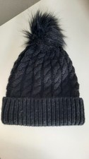 M&S Black Bobble Hat With Faux Fur Bobble. Cable Knit Pattern.One Size.