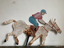 Vintage Hand Painted Metal Horse & Rider Double Sided Folk Art Sign Barn Salvage