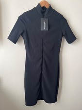 PLT Dress Size 8 New Black Zip Front High Neck Rib Bodycon Short Sleeve Party