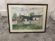 Vintage Framed Watercolour Painting Old Irish Farm Cottages Signs 1952