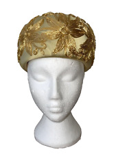 Vintage Trikki Edna Wallace Pillbox Hat Silk Gold Raffia Flower Floral 60s 70s