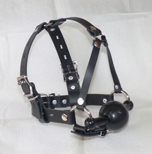 Real Leather LOCKING PONY PLAY 55mm BLACK BALL GAG bdsm HEAD HARNESS bit ballgag