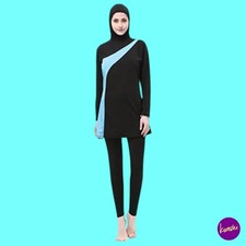 BOZEVON Women’s Full-Length Muslim Swimwear Suit, 2-Piece, Black + Blue, 2XL
