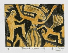 2021 woodcut "Tribal dance1931" by Bill Payne.Cyril Power genre.