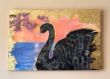 Beautiful Original Acrylic Painting of a Black Swan with Gold Leaf 93cm x 62cm