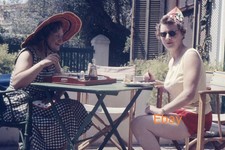 35mm Slide - Two Women, One In Shorts, Eating At Outdoor Table, 1970s