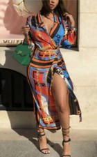 Zara Chain Link Scarf Print Midi Dress Wrap Tie Side Orange Blue  Size S ?