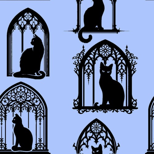 Black cats gothic windows - black,