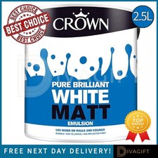CROWN MATT EMULSION PAINT PURE BRILLIANT WHITE 2.5L FOR WALLS & CEILINGS NEW