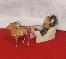 Antique Japan Spun Cotton Santa In Mica  Sleigh W/ Cotton Batting Reindeer 6" L
