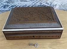 Vintage Wooden Indian Hand Carved Jewellery Box  Inlaid & Painted Detail + Key