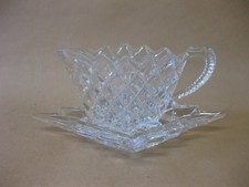 Vintage Pressed Glass Sauce Jug & Saucer ~ Mint Sauce Boat / Cream Jug & Saucer