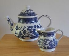 Large Churchill England Willow Pattern Blue and White Teapot, 2 pt, & Milk Jug