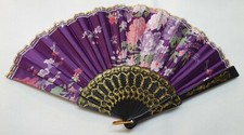 Purple Flowers Print Silk Ladies Folding Hand Summer Decorative Fan UK Seller
