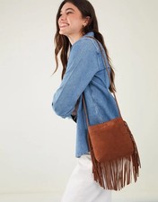 ACCESSORIZE TAN LEATHER FRINGE CROSS-BODY BAG USED CONDITION FESTIVAL BOHO CHIC 