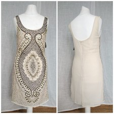 S, Tfnc, 1920s Style Cream Gold Black​ Faux Pearl Beaded Sleeveless Short Dress