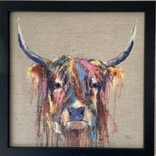 Louise Luton Dottie Highland Cow. Framed Canvas Size Is 33.5x33.5cm Lightly Hung