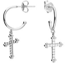 silver cross charm stud hoop earrings fancy cubic zirconia  925 sterling silver