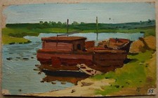 Ukrainian Soviet Oil Painting seascape realism river barge boat 1950s