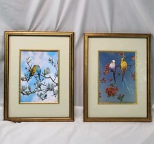 Pair F. Osborne Foil Art Prints Budgies Parakeets Birds in Blossoms Framed MCM 