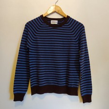 Brora Pure Cashmere Blue And Chocolate Brown Striped Jumper Size 10