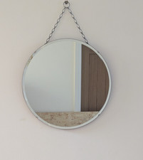 Vintage Frameless Round Wall Mirror Bevelled Edge Original Chain 16in Diameter