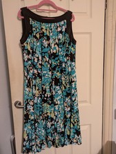 Sandra Darren brown/multi retro print dress, size 10 sleeveless with belt loops 
