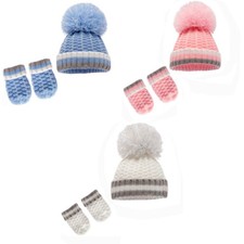 Baby Hat Mittens Set Pom Pom Boy Girl Ribbed Knitted Bobble Winter Cap Gloves