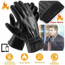 Mens Black Driving Leather Gloves Touch Screen Soft Fleece Lined Thermal Winter