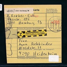 27759) Parcel Card 1982 from Hamburg 38, Post-FS 700PF Delivery Fee Paid