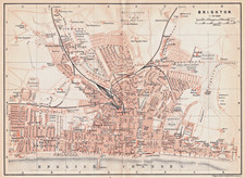 Brighton Street Map, West Pier,  antique map, town plan Baedeker 1910 map