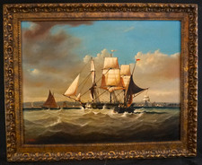 ROBERT MOORE b1945 BOUND FOR THE SEA  SHIPPING ON THE SEVERN LARGE OIL Painting