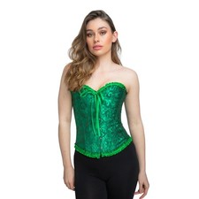 DELUXE CORSET GREEN Satin + Lace Boned Burlesque Ladies Halloween Corsets XS-XL