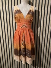 Rene Derhy Boho Orange Tie Dye Cotton Dress Bead Embroidered Size 12/14