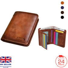 Mens Genuine Leather RFID Blocking Trifold Wallet Credit Card Holder & ID