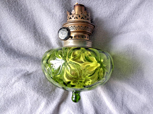 Antique green glass oil lamp - green,